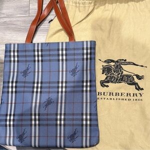 Rare Burberry Blue Plaid Tote with Brown Straps